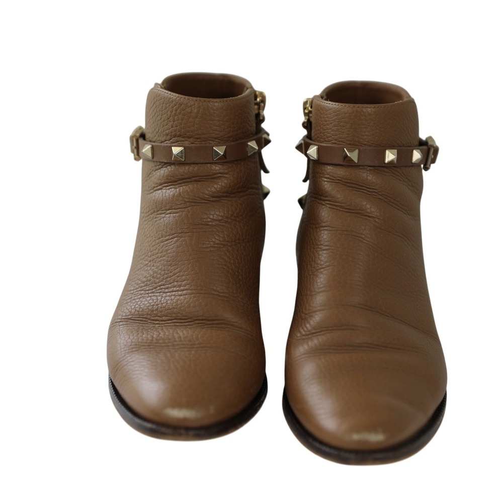 Valentino Garavani Rockstud Ankle Boots Tan Leather‎ Gold Studded Women's 36.5